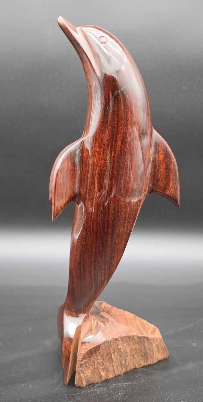 Vintage Hand‑Carved Hardwood Dolphin Statue 13.5" Polished One‑Piece Art